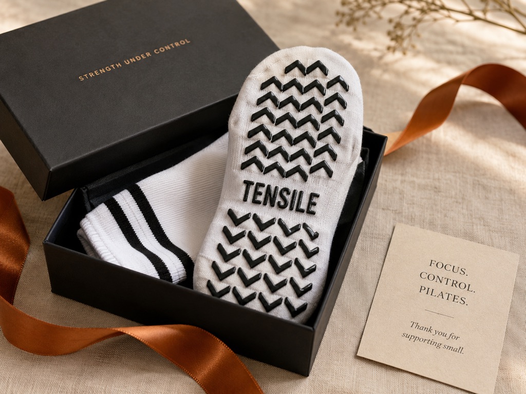 TENSILE Grip-Socken als Geschenk verpackt in dunkler Box mit orangefarbenem Band